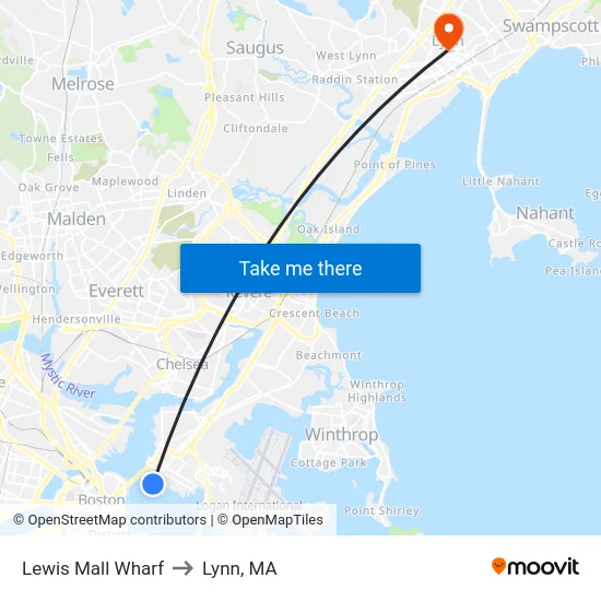 Lewis Mall Wharf to Lynn, MA map