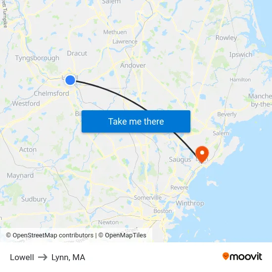 Lowell to Lynn, MA map