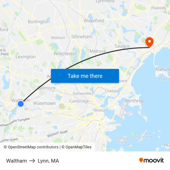 Waltham to Lynn, MA map