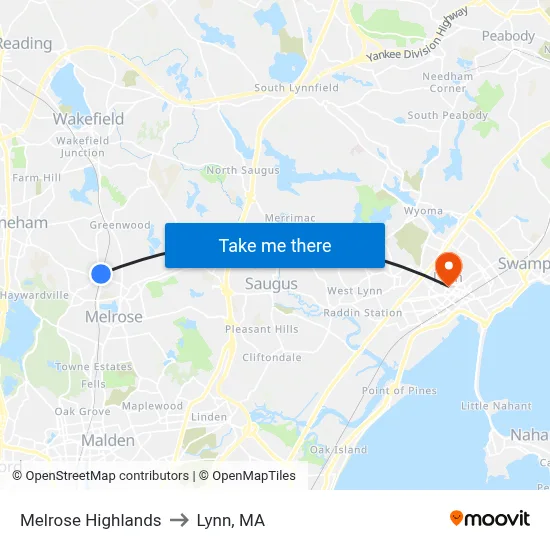 Melrose Highlands to Lynn, MA map
