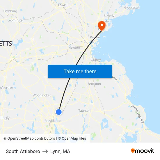 South Attleboro to Lynn, MA map