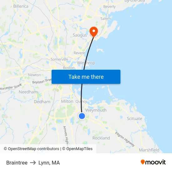 Braintree to Lynn, MA map