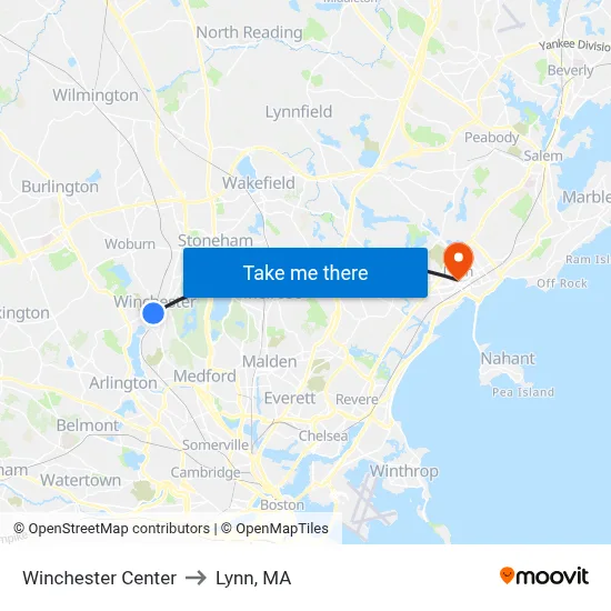 Winchester Center to Lynn, MA map