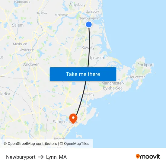 Newburyport to Lynn, MA map