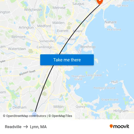 Readville to Lynn, MA map