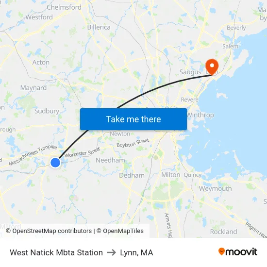 West Natick Mbta Station to Lynn, MA map