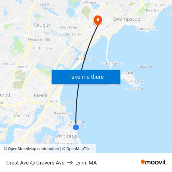 Crest Ave @ Grovers Ave to Lynn, MA map