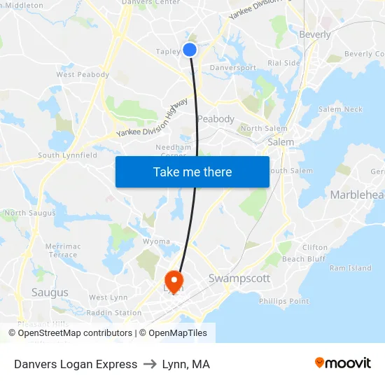 Danvers Logan Express to Lynn, MA map