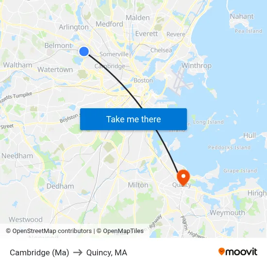 Cambridge (Ma) to Quincy, MA map
