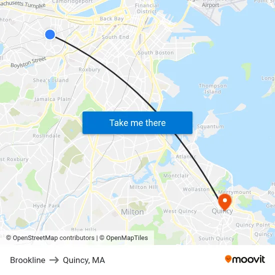 Brookline to Quincy, MA map