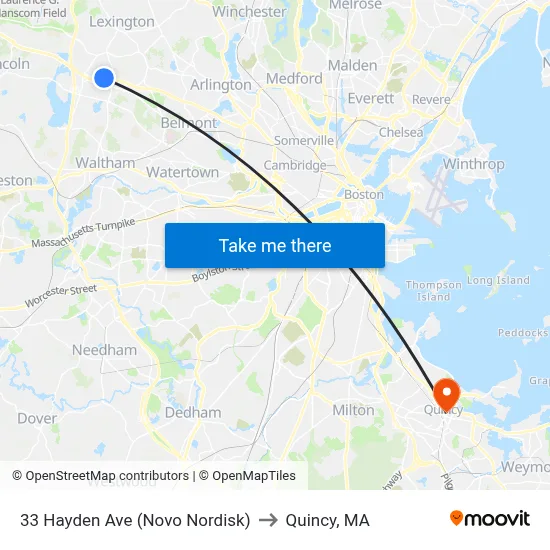 33 Hayden Ave (Novo Nordisk) to Quincy, MA map