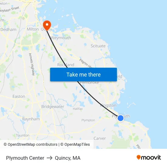 Plymouth Center to Quincy, MA map