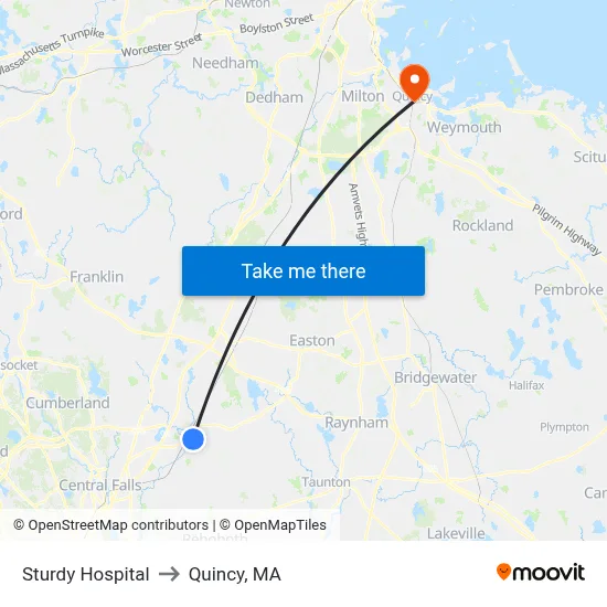 Sturdy Hospital to Quincy, MA map