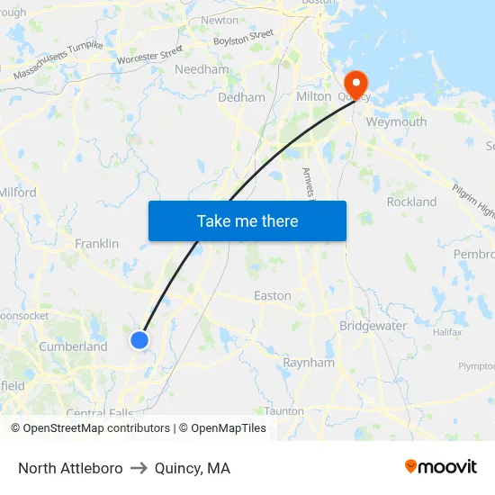 North Attleboro to Quincy, MA map