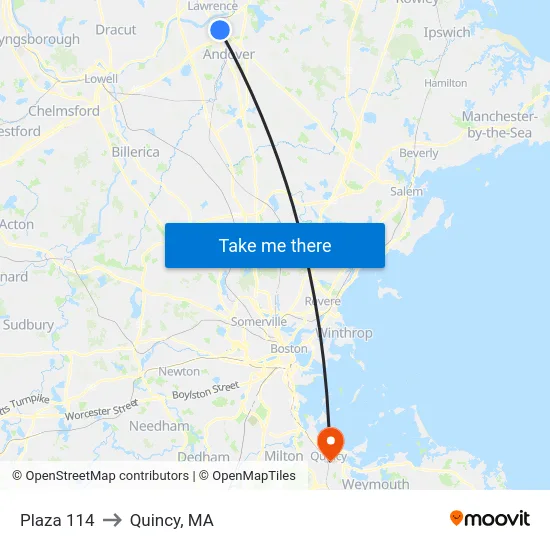 Plaza 114 to Quincy, MA map