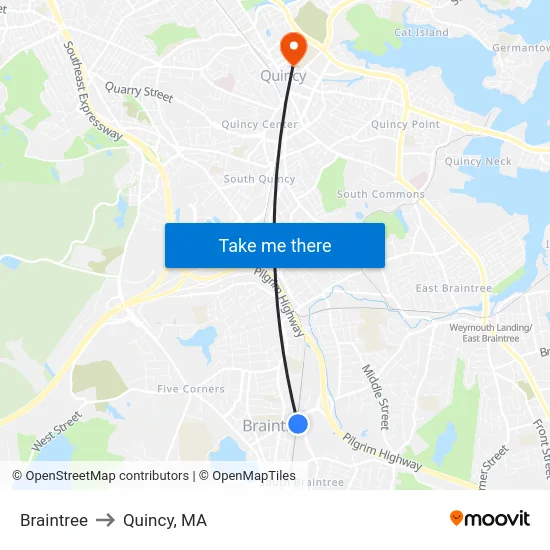 Braintree to Quincy, MA map