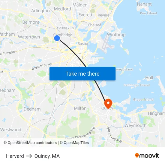 Harvard to Quincy, MA map
