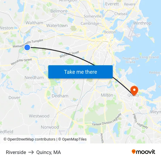 Riverside to Quincy, MA map