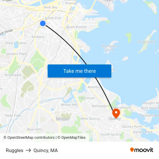 Ruggles to Quincy, MA map