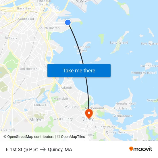 E 1st St @ P St to Quincy, MA map