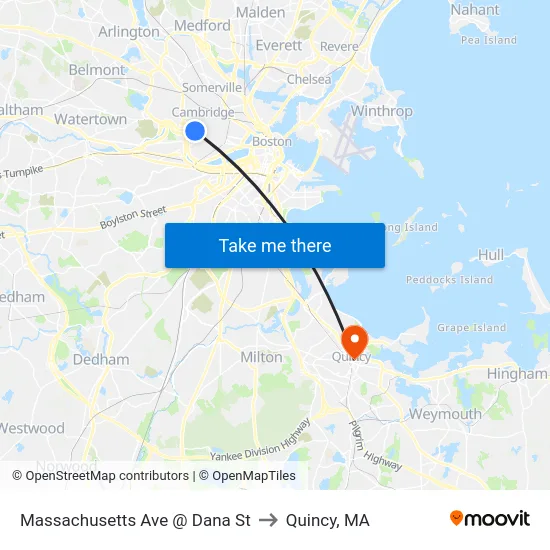 Massachusetts Ave @ Dana St to Quincy, MA map