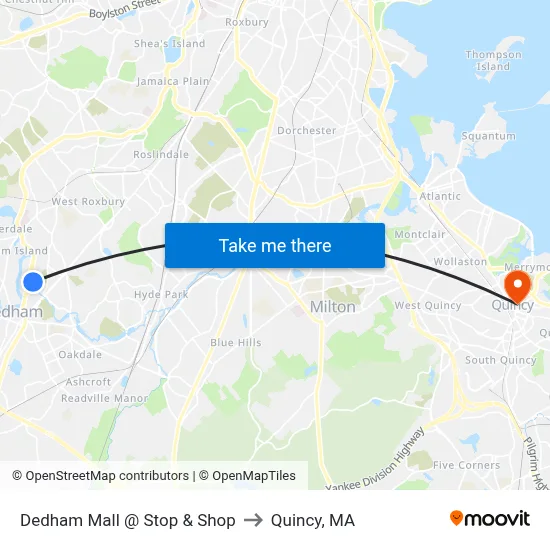 Dedham Mall @ Stop & Shop to Quincy, MA map