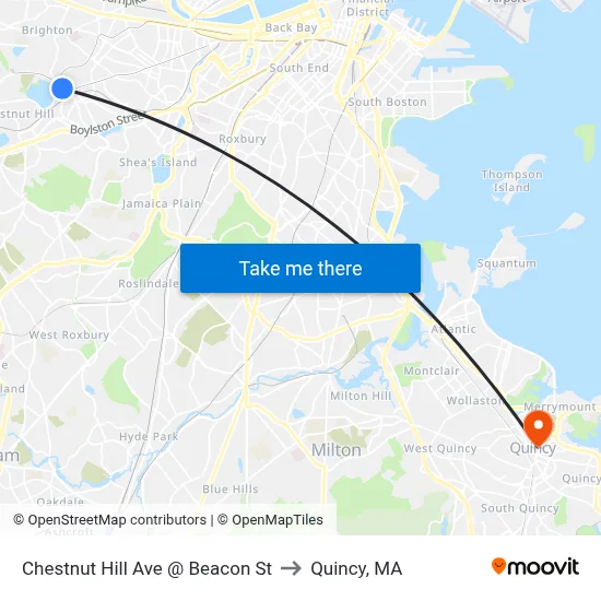 Chestnut Hill Ave @ Beacon St to Quincy, MA map