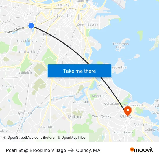 Pearl St @ Brookline Village to Quincy, MA map