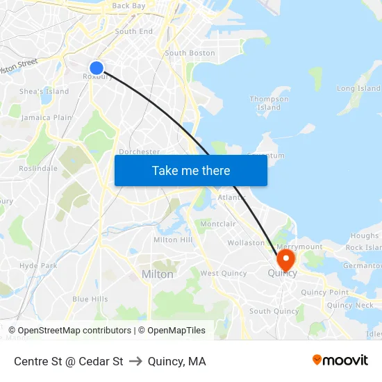 Centre St @ Cedar St to Quincy, MA map