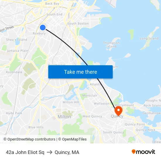42a John Eliot Sq to Quincy, MA map