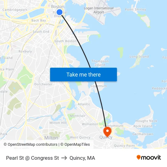 Pearl St @ Congress St to Quincy, MA map