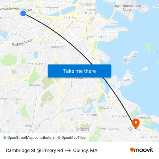Cambridge St @ Emery Rd to Quincy, MA map