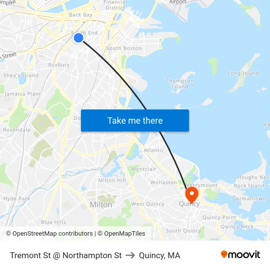 Tremont St @ Northampton St to Quincy, MA map
