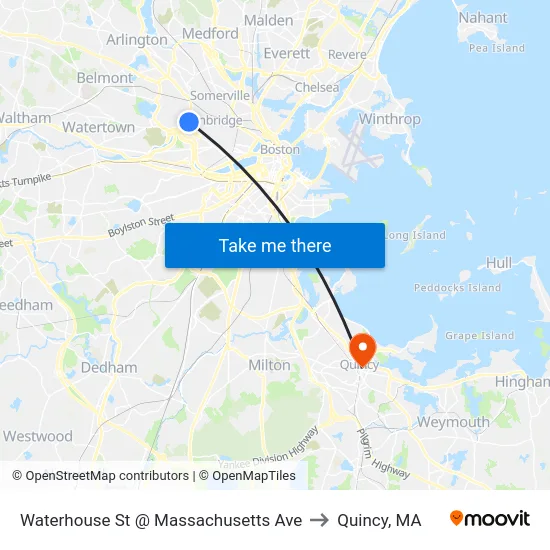 Waterhouse St @ Massachusetts Ave to Quincy, MA map