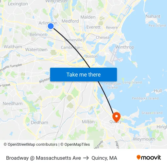 Broadway @ Massachusetts Ave to Quincy, MA map