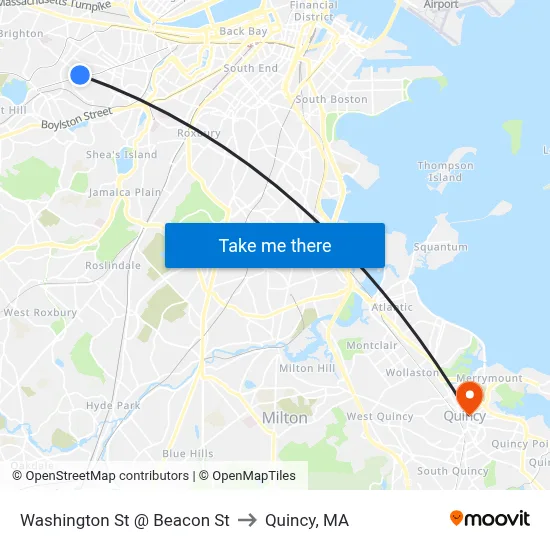 Washington St @ Beacon St to Quincy, MA map