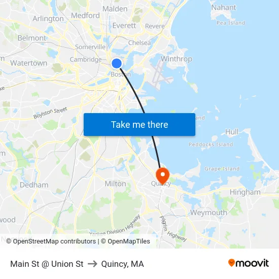 Main St @ Union St to Quincy, MA map
