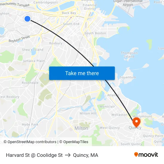Harvard St @ Coolidge St to Quincy, MA map