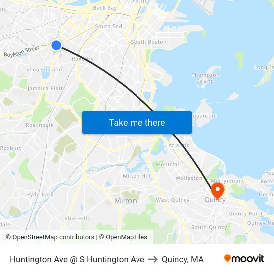 Huntington Ave @ S Huntington Ave to Quincy, MA map