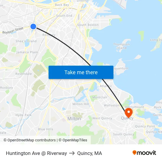 Huntington Ave @ Riverway to Quincy, MA map