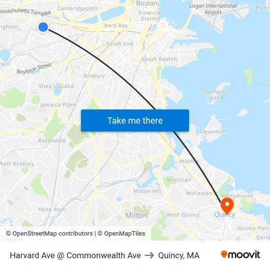 Harvard Ave @ Commonwealth Ave to Quincy, MA map