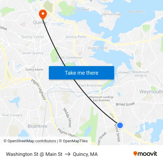 Washington St @ Main St to Quincy, MA map