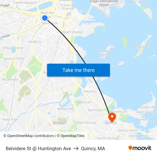 Belvidere St @ Huntington Ave to Quincy, MA map