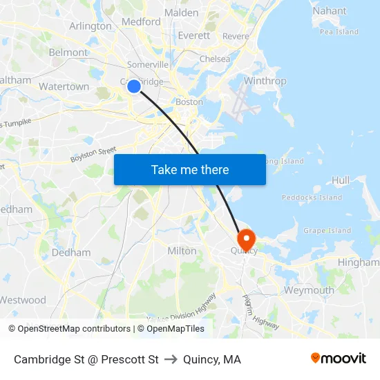 Cambridge St @ Prescott St to Quincy, MA map