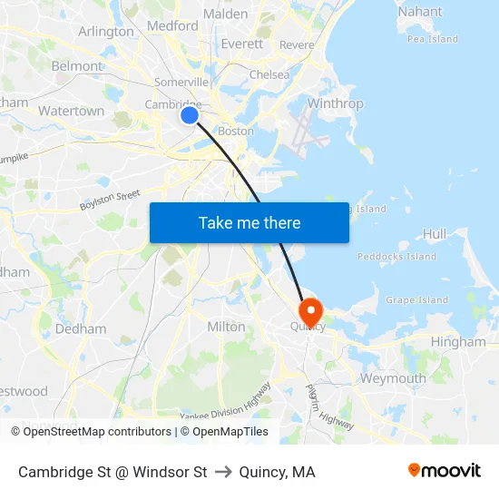 Cambridge St @ Windsor St to Quincy, MA map