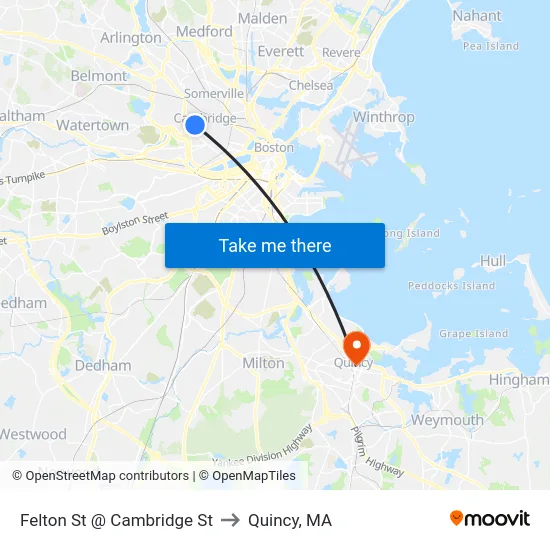 Felton St @ Cambridge St to Quincy, MA map