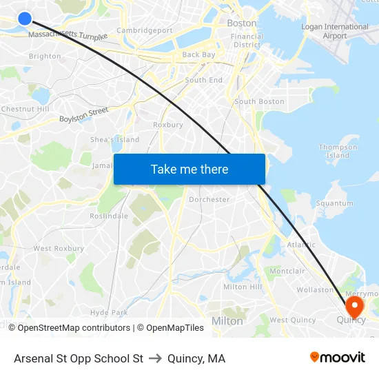 Arsenal St Opp School St to Quincy, MA map