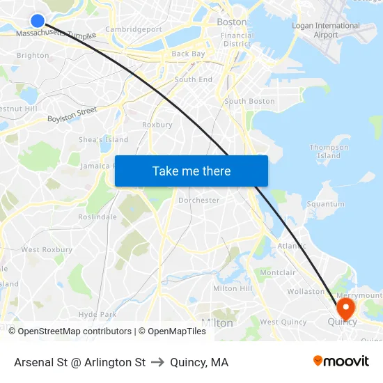 Arsenal St @ Arlington St to Quincy, MA map