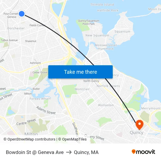 Bowdoin St @ Geneva Ave to Quincy, MA map