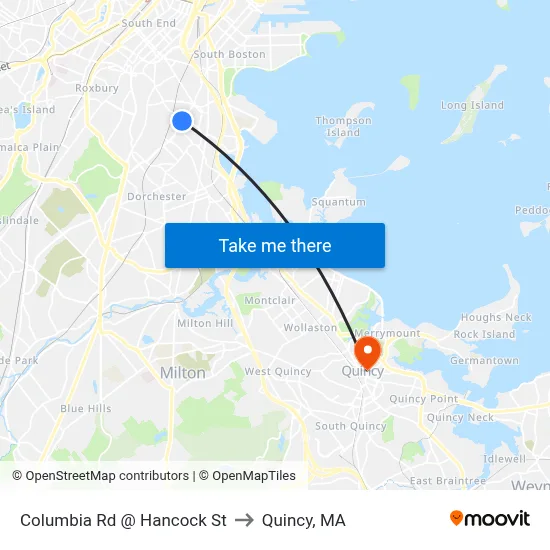 Columbia Rd @ Hancock St to Quincy, MA map